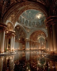 Naklejka premium The grand interior of an ancient, ornate cathedral with vaulted ceilings, illuminated by warm lighting, featuring majestic columns and arches reflecting beautifully on a polished floor.