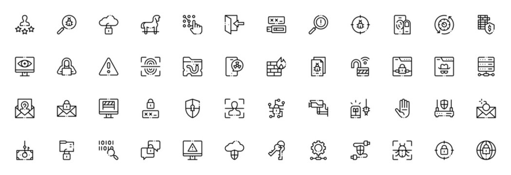 Internet Security icon set. Cybersecurity vector icon pack. Minimal line icons. Featuring hacker, malware, phishing, firewall, password, shield, virus scan, cloud, data, and more. Editable vector stro