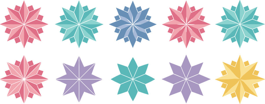 Pastel geometric starburst ornament collection with colorful paper flower shapes for modern decorative pattern design projects
