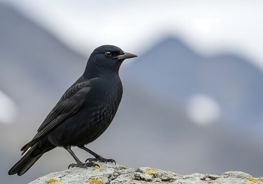 Alpine Chough Perched on Rock in Mountain Landscape.