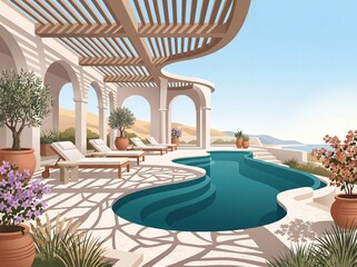 Fototapeta premium Travel Rooftop Poster Premium Hotel Pool Background With White And Turquoise Contrast Illustration