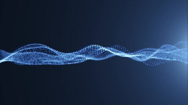 Abstract motion background with flowing blue dots creating dynamic wave patterns and data visualization.