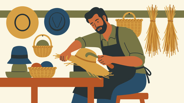 Hat maker shaping straw hat at wooden workbench in workshop