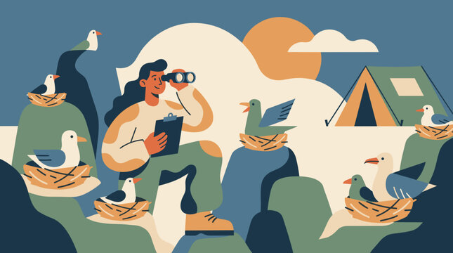 Island ecologist studying seabirds on rocky shoreline with binoculars and notebook surrounded by nature coastal environment and diverse bird species in a serene setting