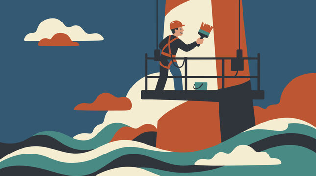 Professional painter working on a large ship's hull with brushes and paint in a maritime setting emphasizing craftsmanship skill