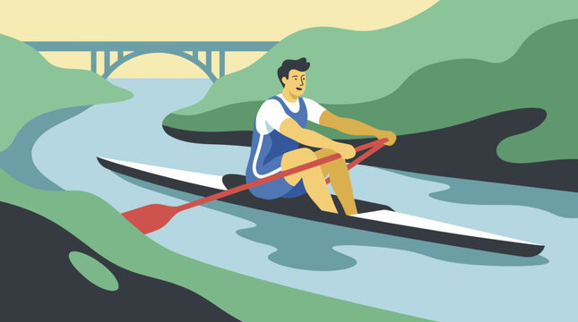 Athlete rows on river with bridge in background