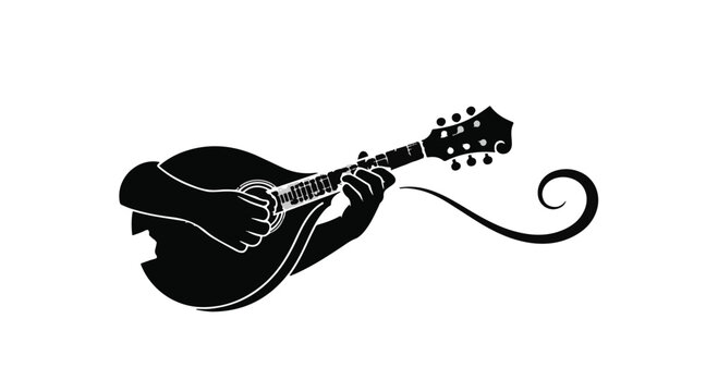 Mandolin player creates beautiful folk music melodies with intricate string dexterity while performing a rhythmic song that resonates through the quiet atmosphere of a classic concert hall venue.