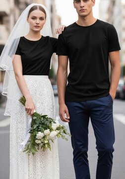 Woman in wedding veil and man standing together on city street. Casual wedding couple in black t-shirt with lace skirt holding bouquet. Modern marriage, love and relationship concept.