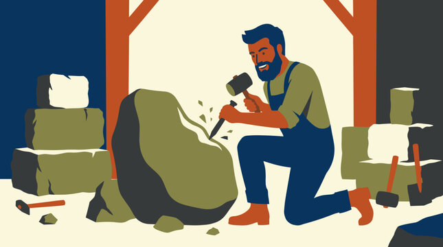 Skilled stone mason shaping large stone blocks with hammer and chisel in an outdoor workshop demonstrating craftsmanship