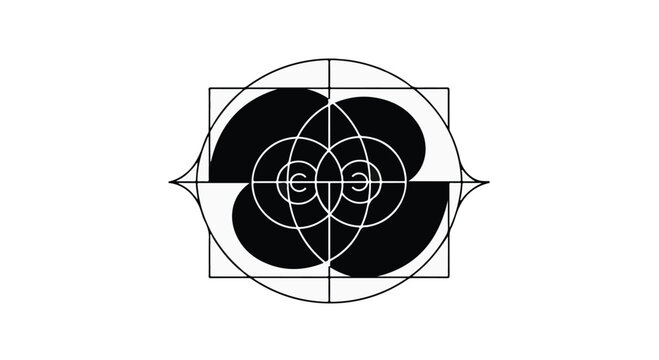 Geometric abstraction featuring intersecting circles and squares creates a balanced composition that explores the mathematical precision and harmonious structural proportions of modern design art.