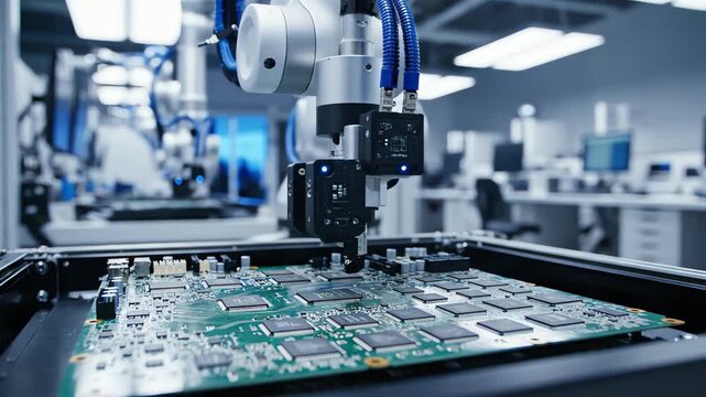 Automated robotic arm assembling electronic circuit board in factory