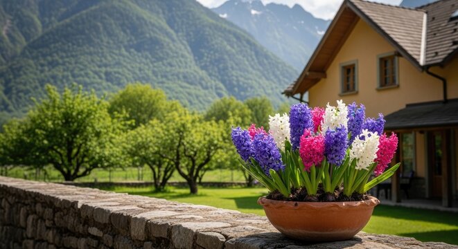 colorful hyacinths in pot on stone wall near house and mountain
