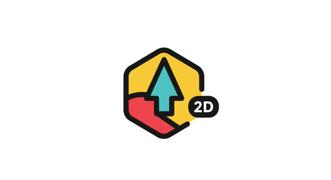 A colorful arrow pointing upwards inside a geometric shape with a two-dimensional label on it