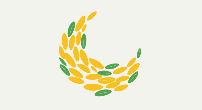 A crescent shape formed by many small yellow and green oval grain elements