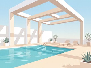 Fototapeta premium Travel Poster Premium Hotel Pool Background With White And Turquoise Contrast Illustration For Resort Campaigns