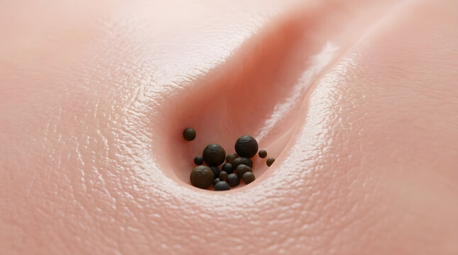 Deep cleansing process removes micro dirt and sebum spheres from an enlarged skin pore. 3D rendering.