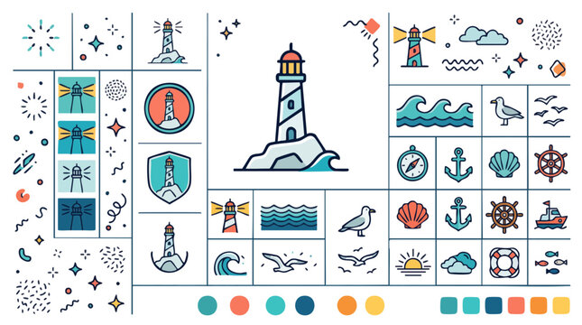 Nautical Icon Set with Lighthouse Waves and Sea Elements