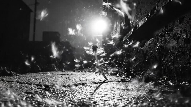 Black and white close up of a dandelion seed head blowing away in a dark alleyway with a glowing light.
