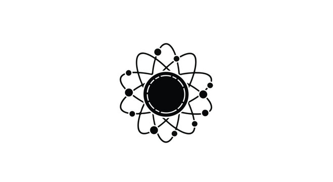 Atom symbol featuring a central nucleus surrounded by orbiting electrons highlights the fundamental principles of atomic structure in a classic scientific research graphic illustration style.