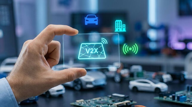 Engineer holding transparent screen with V2X hologram for connected car research in high-tech lab with model vehicles and electronic components.