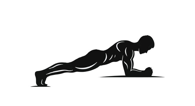 Athlete performing a core plank exercise illustrates the dedication required for physical fitness and body strength development in a minimalist black and white vector graphic design style.