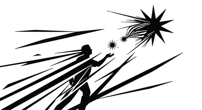 Person silhouette reaching toward a celestial explosion to grasp radiant energy particles in a high contrast black and white graphic design that symbolizes human ambition and cosmic connection.