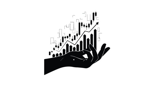 Hand cradling a rising financial chart represents the careful management of market investments, economic stability, and the proactive human influence on positive fiscal growth trends over time.