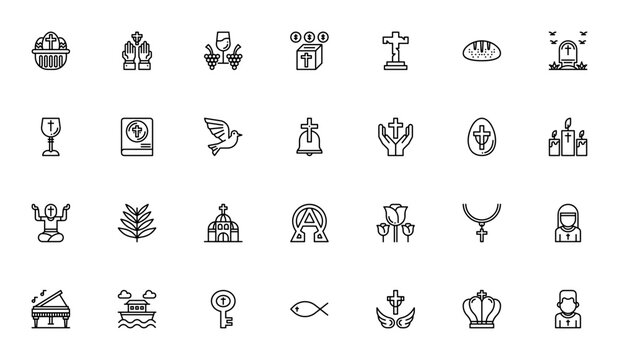 Christian icon set. Minimal linear icons. Religious symbol pack. Featuring Easter eggs, cross, Bible, church, pray, communion, wine, charity, dove, bell, candles, pilgrim, palm and more. Editable vect