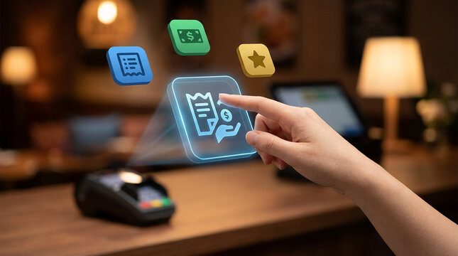 Modern hand touching futuristic holographic interface on POS payment terminal for digital billing and contactless transactions in restaurant setting.