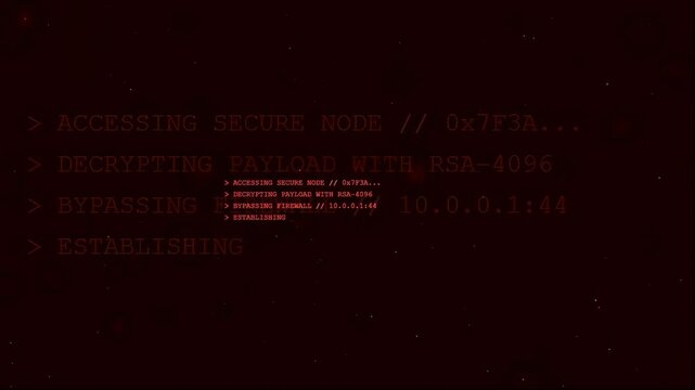 Digital hacking interface with red scrolling code and secure node decryption on black background