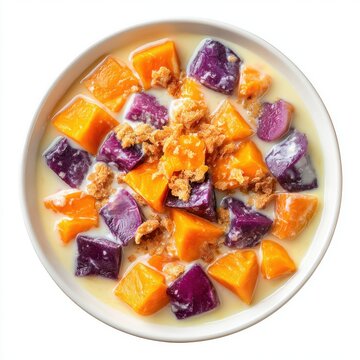 Bubur Cha-Cha colorful sweet potato and yam dessert isolated on a white background