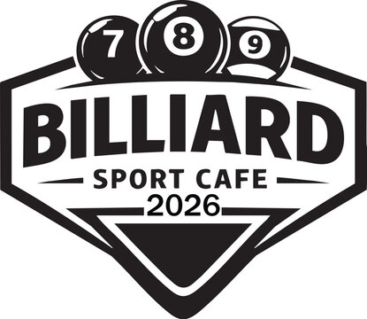Billiard sport caf&eacute; logo with 7, 8, 9 balls inside shield design for pool hall or gaming brand illustration