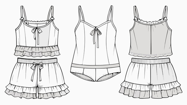 Illustration of various views of womens clothing set with ruffles and bows