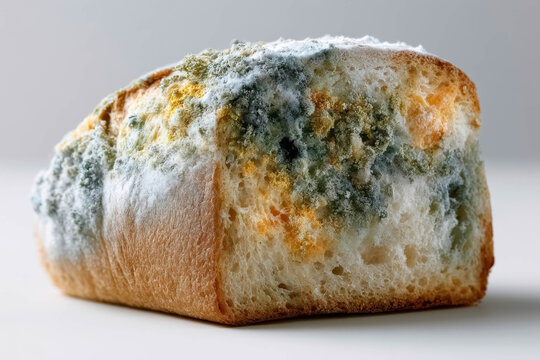 Moldy Bread with Visible Fungal Growth Close Up Isolated on Light Background