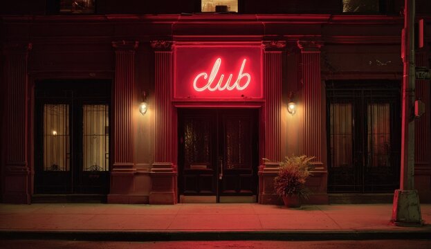 Large red neon sign with cursive lettering illuminating the front of an elegant building at night