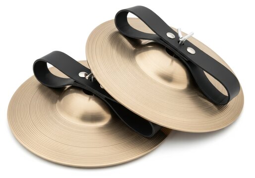 Pair of Professional Brass Hand Cymbals with Black Leather Straps Isolated on White Background for Percussion Music