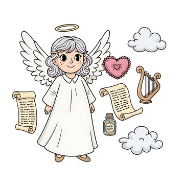 Angel with Harp and Scrolls Illustration for Religious Themes.