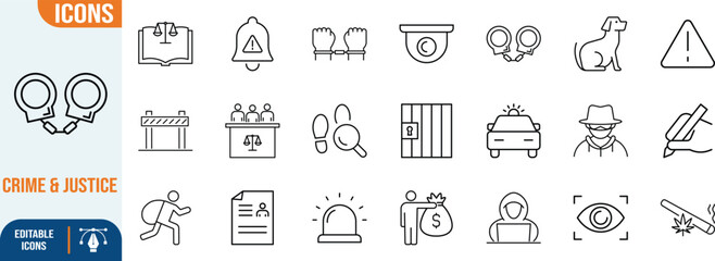 Crime law and justice vector icons. handcuffs icon set, police car icon set, scales icon set © Mehedi