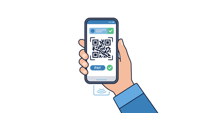 Hand holding smartphone with QR code.