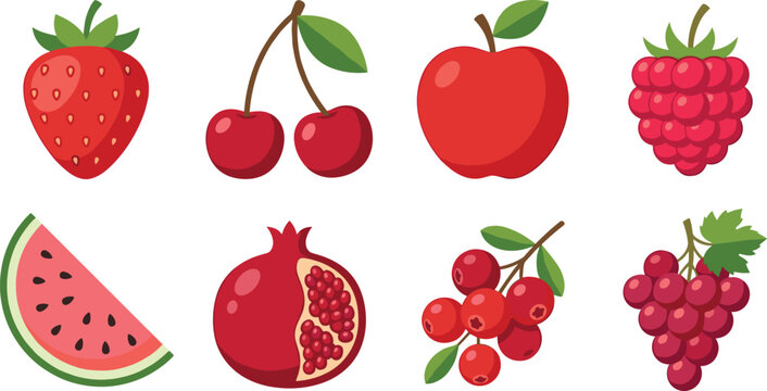 Fresh red fruit icon set vector illustration with strawberry cherry apple raspberry watermelon pomegranate cranberry and grapes