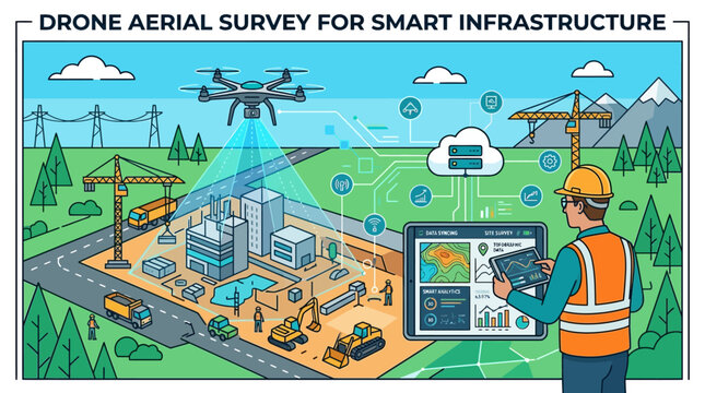 Man holding tablet with drone survey.