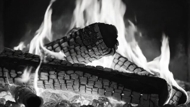 Black and white close up of burning logs inside a cozy fireplace with flames billowing upwards