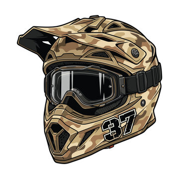 Realistic camo pattern motocross helmet front view Comic Vector Illustration | Motocross-Helm im Tarnmuster F&uuml;r T-Shirt Design