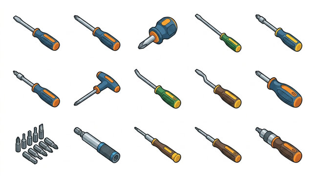 Collection of Various Screwdrivers and Bits for Repair and Construction.
