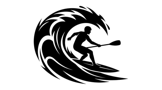 Silhouette of a stand up paddleboarder riding a breaking wave