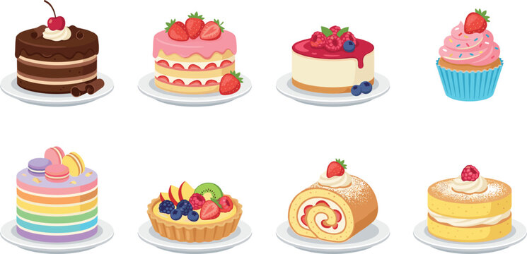 Assorted dessert vector illustration set with chocolate cake strawberry cake cheesecake cupcake rainbow cake fruit tart Swiss roll and sponge cake icons