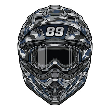 Realistic camo pattern motocross helmet front view Comic Vector Illustration | Motocross-Helm im Tarnmuster F&uuml;r T-Shirt Design