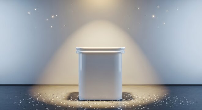 A white cylindrical container sits under a spotlight with sparkles on the floor around it