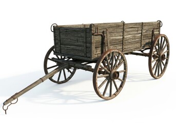 Obraz premium Vintage Old Wooden Wagon Isolated on White Background - Rustic Antique Horse-Drawn Cart for Farm and Western Concepts
