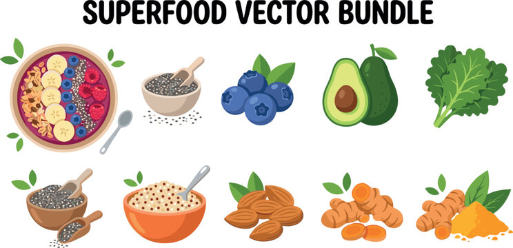 Superfood vector bundle illustration with smoothie bowls chia seeds blueberries avocado kale almonds and turmeric for healthy nutrition